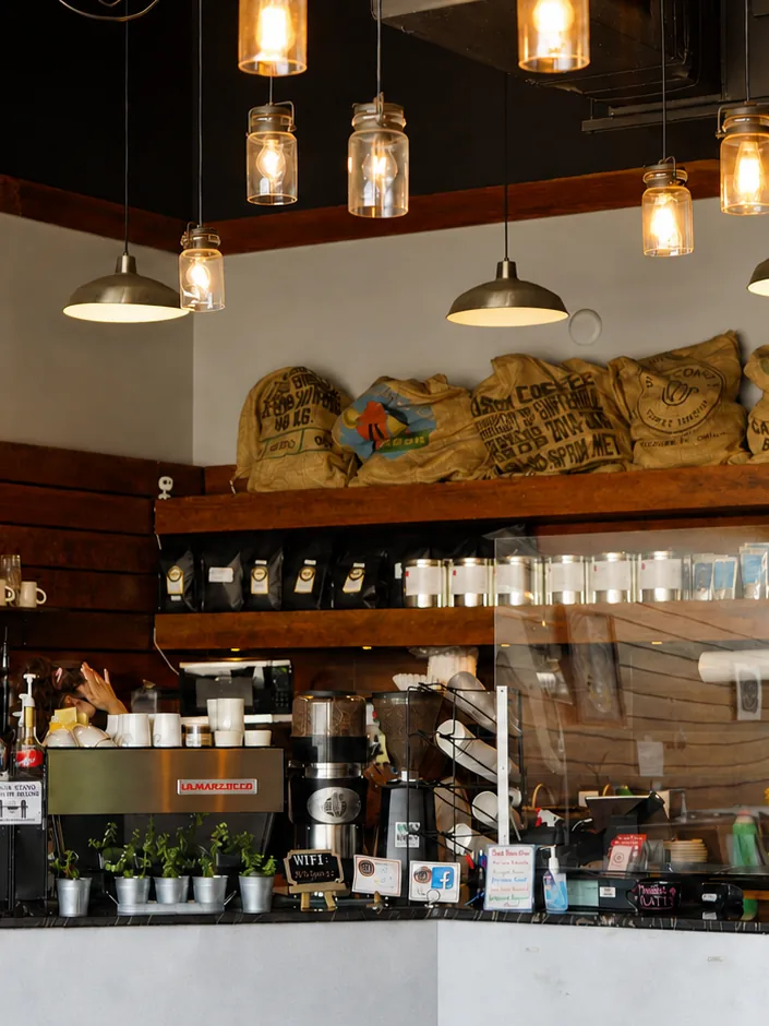 The coffee counter, espresso machine and hanging lights