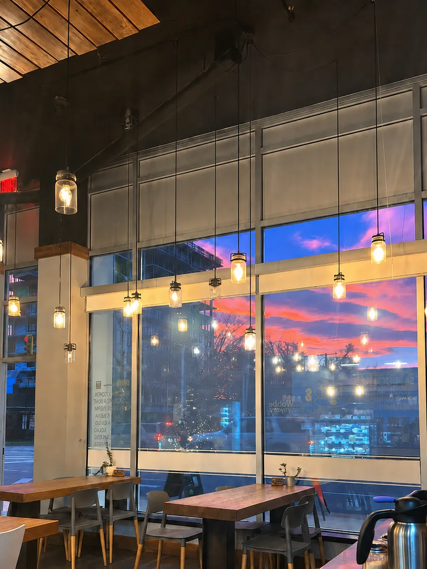 Sunset through the café windows above the seating area
