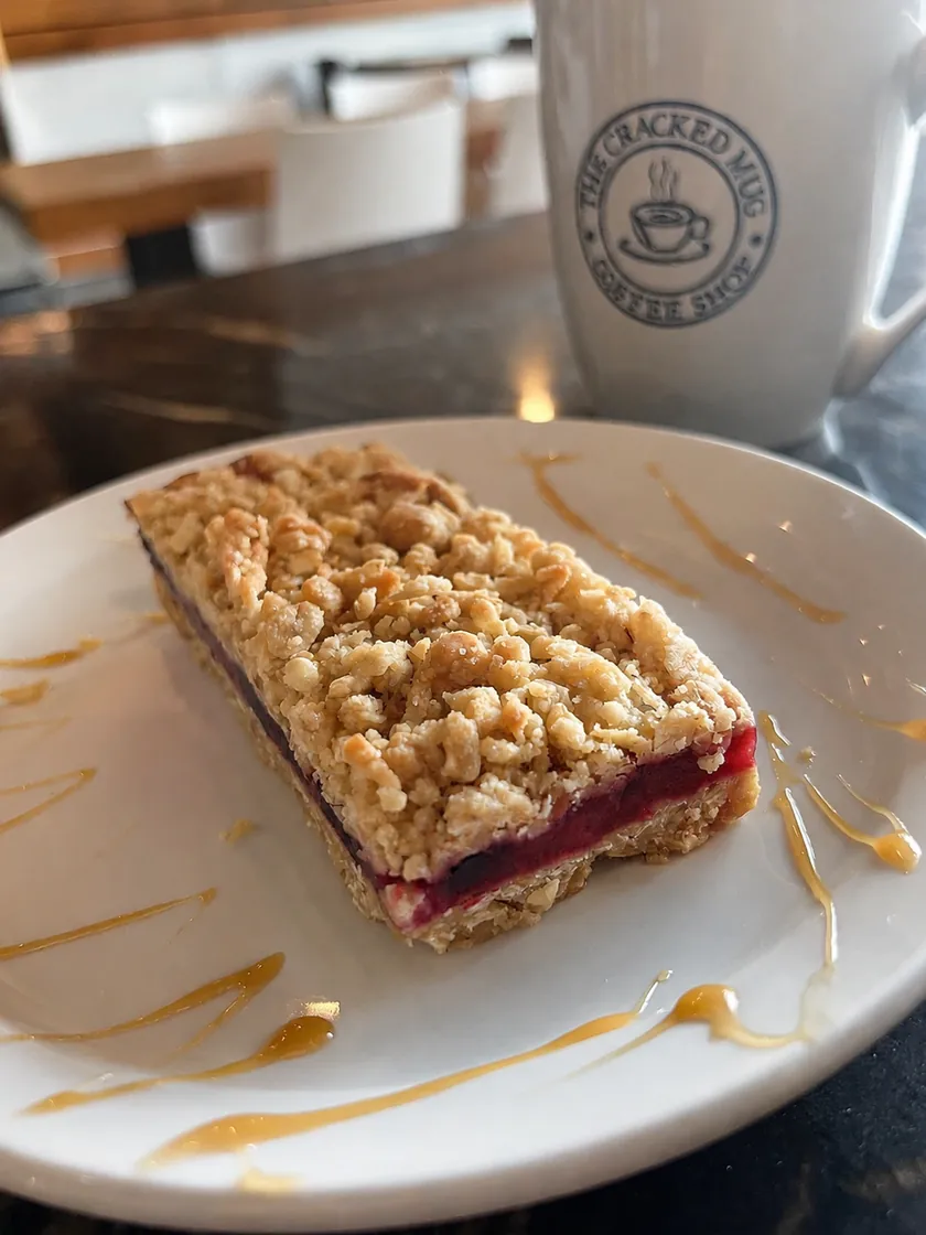 A fruit crumble slice beside a Cracked Mug cup